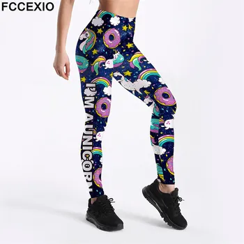 FCCEXIO Suvel Uus Pliiats Püksid Rainbow Must Ükssarvik Donut Poni Prindi Elastne Slim Fitness Treening Naiste Retuusid