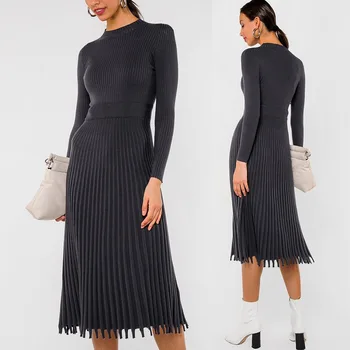 Mood 2021 Naiste Tahke Kootud Kleit O-kaelus Pikad Varrukad Läbilöök Plisseeritud Kleit Streetwear Naine Elegantne Vestido De Mujer