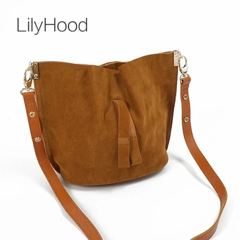 LilyHood 2022 Naiste Päris Nahast Messenger Bag Vabaaja Vintage Lihtne Trendikas Kopp Pruun Nubuck Seemisnahast Naiselik Üle Õla Kott