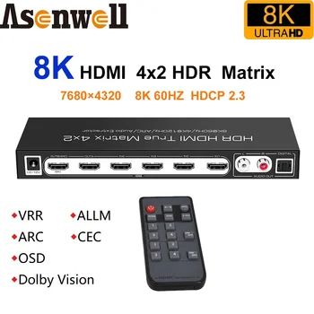 8K HDMI Matrix 4x2 Lülitage HDMI Splitter 4 2 Välja 4K120Hz ARC CEC UHD HDR10+ VRR ALLM Dolby Visioon OSD SPDIF 5.1 LR 2CH jaoks PS5