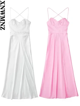XNWMNZ 2022 Naiste Mood Kullake Kaela Pool Pilu, Satiin Midi Kleit Vintage Backless Seotud Õhuke Rihmad Naiste Kleidid