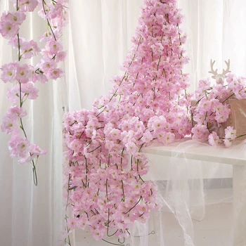 210CM tehislilled Vanik Silk Sakura Cherry Blossom Võltsitud Viinapuude Rotangist Kunstlik Taimed Ivy Pärg Seinale Pulm Teenetemärgid