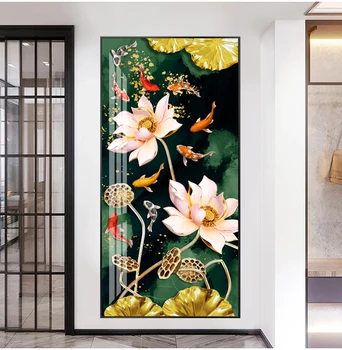 Hiina Stiilis Punased Koi Õnnelik Karpkala Luksus Kala Lõuendile Maali Lotus Lilled Plakat Seina Art Sissepääs elutuba Home Decor