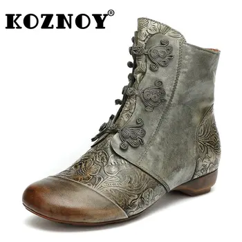 Koznoy Nahast Saapad Luksus Disainer 3cm Kingad Naistele Käsitsi valmistatud Pressitud Lille Ehtne Sügis Kevad Etnilise Sõlm Ankle Boot