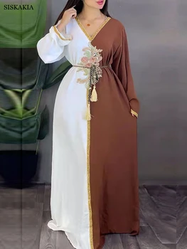Abaya Dubai Lille Tikandid Guipure Pits Sisesta Vöö Seal Kaftan V-Kaeluse Segast Kontrast Värvi Kleit Islami Riided Naistele
