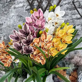 SunMade Luksus 6 Juhid Suurte Cymbidium Orhidee Käsi Tunne Kunstlikku Lille Kodu Pulma Kaunistamiseks Flower Arrangement Võltsitud Taimed