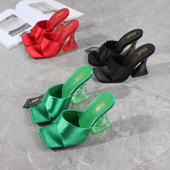 Mood Naiste Kõrge Kontsaga Sandaalid 2022 Suvel Uus Avatud Varvas Silk Roheline Kingad Akrüül Hobuseraua Kanna Seksikas Välimine Naiste Sussid