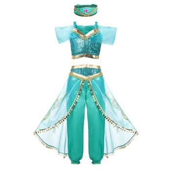 Disney Tüdrukute Jasmine Printsess Kleit 2-12Years Lapsed Aladdin Princess Magic Lamp Cosplay Kostüüm Top+Püksid+Peapael Riiete Komplekt