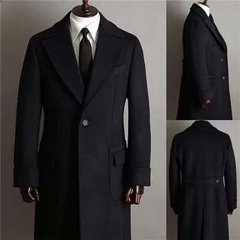 Ametlik Must Paks Vill Overcoat Meeste Ülikonnad, Custom Made Tasku Kingcoat Jope Ühe Karavan Tuxedos Bleiser Äri-Pikk Karv