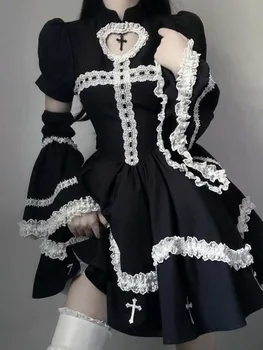 Põletatud Varrukad Must Kawaii Vinatge Lolita Kleit Mini Sundress Gooti Sidemega Pits Segast Risti Ball Kleit Kleidid Streetwear