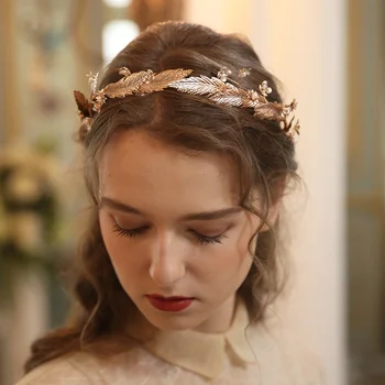 Kulla Värvi Lehtedega Lill Pulm Tiara Pruudi Juuksed Crown Vintage Naiste Poole Kõnniteed Hairband Juuksed Tükk Küljest juhtmega