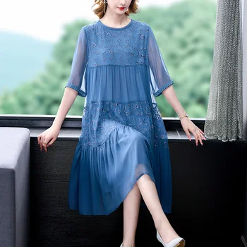 Naiste Sinine Tikand Naturaalne Siid O-Kaeluse Midi Kleit Suvel Moe Kerge, Elegantne Casual Kleit 2022 Korea Bodycon Pool Kleit
