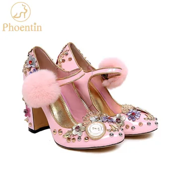 Phoentin roosa mary janes kristall-lill naiste pumbad koos karusnaha ehtne nahk daamid pool kingad kella super kõrged kontsad FT333