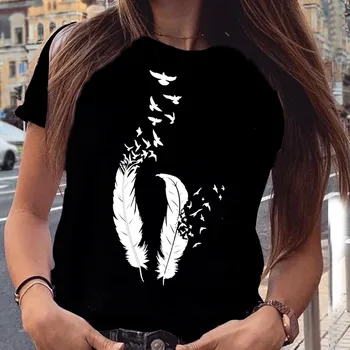 Uus Naiste Must T-Särk Sulg Trükitud Tops Naiste Mood Lühikesed Varrukad 90ndate Girl Armas Graafiline Tee Särk Naistele Harajuku T-särgid