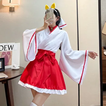 Anime Deemon Fox Neiu Nõid Cosplay Naiste Riided Retro Kimono Komplekt Valge Kimono Punane Seelik Sobiks Jaapani Stiilis Haori Pool Yukata