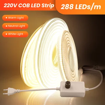 COB LED Riba Reguleeritav 220V 288Leds/m Veekindel COB Kerge Neoon Märk Valge/Soe Valge/Naturaalne Valge elastne Lint LED-Lindid