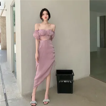 2021new mood Vabaaja Elegantne Midi Lilla Kleit Naiste Lühikesed Varrukad Ühes Tükis korea Fashion Design VintageParty Naiste Kleit