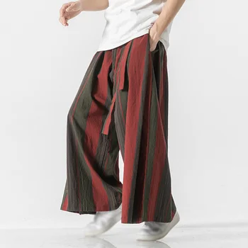 Jaapani korea Mehed on Lai Jalg Jää Siidist Püksid Stiilne, Ainulaadne Triibud Vabaaja Puuvillane Joggers Mees Haaremi Püksid Vabaaja Kimono Püksid
