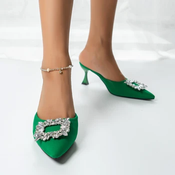 Uus Seksikas Pikad Varba Kõrge Stiletto Kontsad Toasussid Sussid Sandaalid Mood Crystal Lukk Disain Tõsta-Pumpade Naiste Kingad Roheline