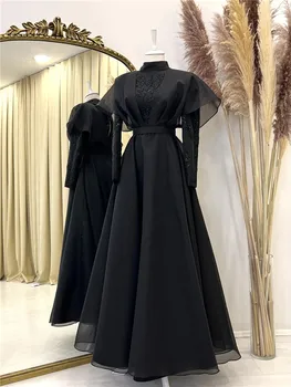 Must Pikk Varrukas Hijab Moslemi õhtukleidid-line Kõrge Kaeluse Maroko Kauhtana Appliques Ametlik Pool Kleit Rüü De Iltamat