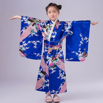 Jaapani Kimono Tüdrukud Imitatsioon Silk Paabulind Trükitud Yukata Riietus Kleit Lapsed Traditsiooniliste Kostüüm Kostüüm Laps