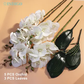 Ööliblikas Orhidee Õie (5TK Orhidee+3TK Lehed) Valge Liblikas Lill Kodu Kaunistamiseks Phalaenopsis (Nr Vaas) -INDIGO
