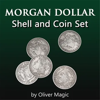 Morgan Dollar Kest ja Mündi Komplekt (5 Münti + 1 Pea Shell ) Magic Trikke lähedalt Illusioonid Trikk Prop Mündi Magia