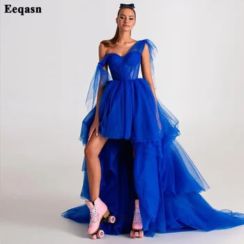 Eeqasn Royal Blue Kõrge Madal Tülli Prom Pool, Hommikumantlid Pleats Paigaldatud Luud Naiste Formaalne Sündmus Kleidid Astmeline Eriline Kleit