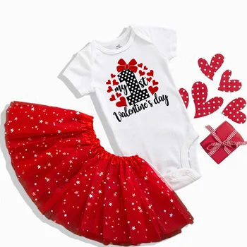 Minu 1. Valentine Beebi Bodysuit Kleidid Kehtestatud Imiku Valentine Pool Girl Kombekas Tutu Seelik Riided Väikelapse Puhkus Riided Romper
