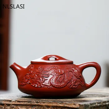 Hiina Yixing Käsitöö Tee Potti Käsitsi Nikerdatud Double Dragon Muster Lilla Savi Teekann, Veekeetja Teaware teetseremoonia Kingitused 220ml
