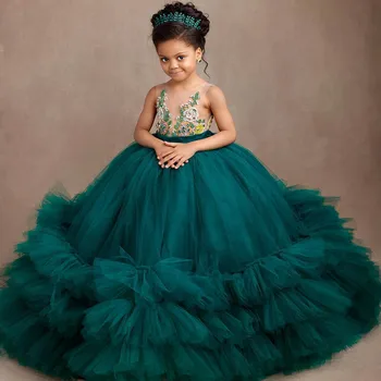 Roheline seksikas vt-läbi ruffled applique printsess kleit tüdruk pidulik sünnipäeva iludusvõistlus näita kleit, kukkastyttö kleit