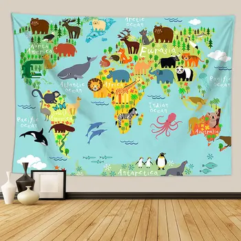 Loomade Maailma Kaart Vaip Seinal Rippus Suur Kids Haridus Vaatamisväärsused Maailma Kaart Tapestry Lasteaia Laste Tuba Decor