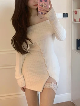 Talvel Tahke Elegantne Kootud Kleit Naiste Vabaaja Vintage Split Pool Kleit Naine Korea Fashion Designer Stiilne Seksikas Kleit 2022
