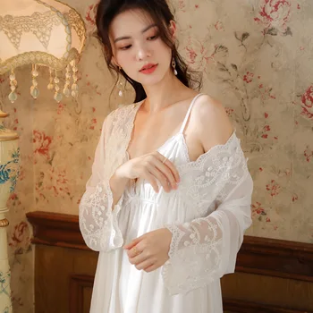 Uus Vintage Pikk Rüü Komplekti Naiste Rinnahoidja Pilduma Nightgowns Sleepwear Seksikas Pits Tikand Silma Kimono Pruudi Pulmas Hommikumantel Kleit