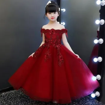 Uus Tüdruk Pulm Kleit, Elegantne Punane Pits Shoulderless Esimene õhtusöömaaeg Kleidid Tüdruk Partei Printsess Flower Girl Vestidos