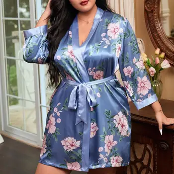 Suur Suurus 5XL Kimono Vann Kleit V-Kaeluse Suvel Siserõivad Satiin Kleit Koos Vöö Naine Sleepwear Trükitud Nightgowns Pikk Sleepdress