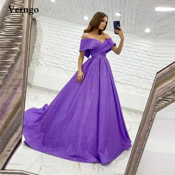 Verngo Glitter Lavendel Rida Pikk Õhtu Kleidid Maha Õla Pleats Lühikeste Varrukatega Pühkima Rongi Ballile Hommikumantlid Elegantne 2021