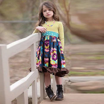 2019 aasta Sügisel Uus Tüdrukute Pikkade varrukatega Kleit Mood Triibuline Särk, Lilleline Seelik Pen Briti Palace Tuul Printsess Kleit 4-12 Aastat