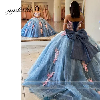 Sinine Printsess Maha Õla Appliques Glitter Quinceanera Kleidid Vestidos De 15 Aastat Sünnipäeva Kleit 2022 Tüdruk Vestidos
