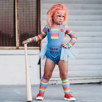 2022 1to8Y Beebi Tüdruku Riided Komplekti 3tk T-särgid+Denim Jumpsuits Sokk Chucky Nukk Chirld Set Cosplay Halloween Kostüüm Lapsed