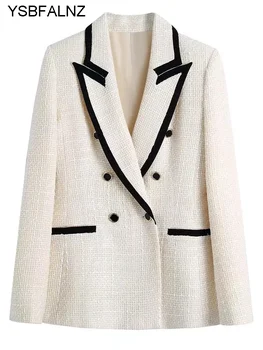 2022 Naiste Mood Kontrasti Torustik Tweed Bleiser Vintage Mantel Pikk Varrukas Taskud Naiste Ülerõivad Stiilne Veste Femme