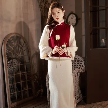 Tüdruk Punane Vest Cheongsam 2023 Talvel Karusnaha Hiina Traditsiooniline Kleit Tang Sobiks uusaasta Tervitused Qipao Kleit Naistele