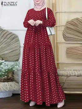 Casual Elegantne Abaya Hijab Maxi Vestidos ZANZEA Naiste Böömi Polka Dots Trükitud Moslemi Naiste Kleit Puhkus Pool Ruffles Rüü