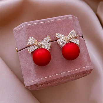 Fashion Christmas Kõrvarõngad Naistele Tüdruk Red Pearl Crystal Bowknot Kõrvarõngad Ehted Tilk Laevandus Kingitus