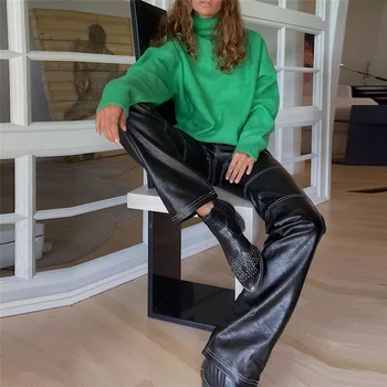 Naiste Y2K Tahked Värvi Nahast Säärised Kõrge Vöökoht Tõmblukk Sulgemise Bodycon Püksid