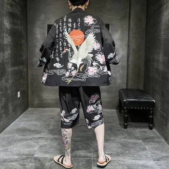 Jaapani Kimono Haori Hiina Stiilis Kleit Hanfu Tang Kampsun, Ülikond Meestele Topid Püksid Komplekt Mantel, Lühikesed Püksid Idamaised Riided Streetwear