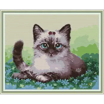 Kasside Kohta Lilled Ja Rohi ristpistes Armas Loom Muster Blue Eyed Cat 14CT Tikandid DIY Loominguline Kodu Kaunistamiseks Maali