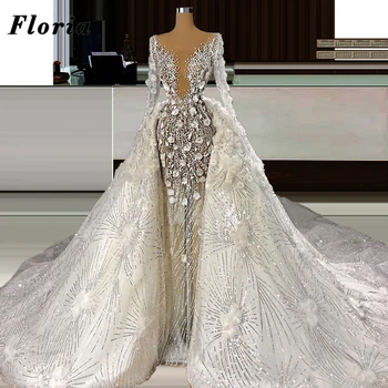Kaftans Eemaldatav Seelik Pulm Kleidid 2021 Dubai Pikkade Varrukatega Beaded Pruudi Hommikumantlid Glitter Brides Kleidid Vestidos De Novia