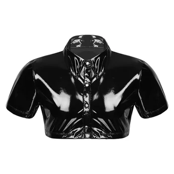 Thoshine Brändi Meeste lakknahast Särgid Läikiv Pool Pikkusega Lühikesed Varrukad Seksikas PVC Faux Nahast T-Särkide Kujundamine Läikiv Tops