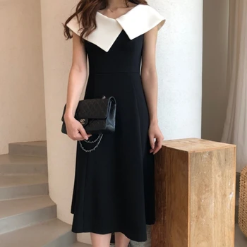 Suur Krae Segast On Line Midi Kleit Must Vestidos Verano 2022 Elegantne Office Korea Stiilis Naiste Retro Rüü De Iltamat